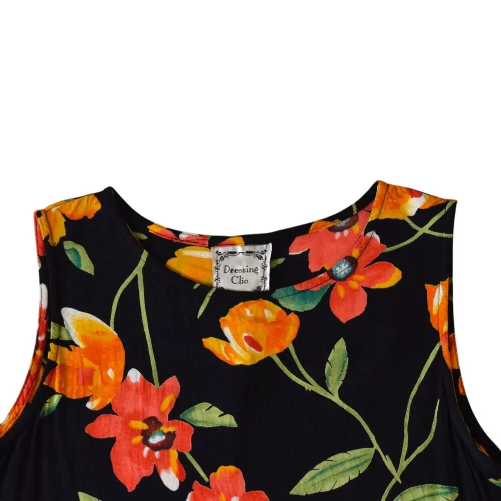 Vintage 90s Floral Rayon Maxi Dress Black Orange Sleeveless Large - Picture 3 of 5